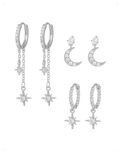 KONFEN 3 Paires Lot Boucles D'Oreilles Clou Créoles Femme, Créoles Zirconium Étoile à Huit Branches Lune Longues Chaîne Pendantes Dangle Piercing Oreille...