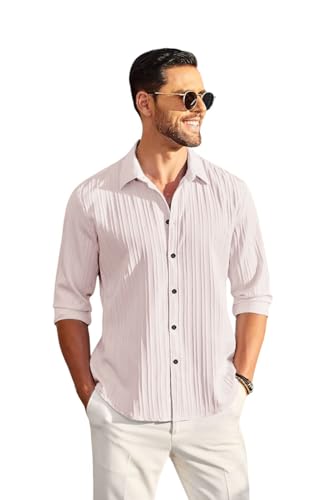 Image of DEELMO Men's Casual Button Down Shirts Long Sleeve Linen Shirt Fashion Textured Beach Summer Shirt