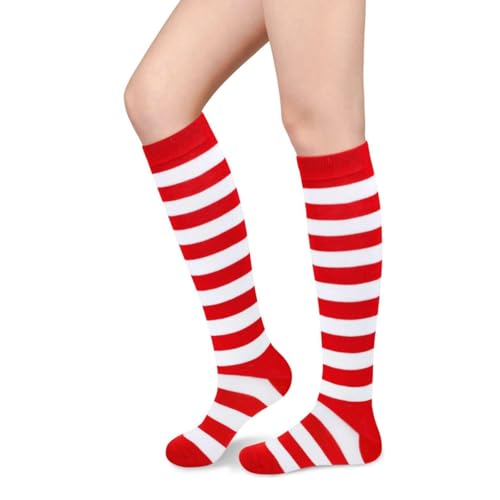LQTSLFM Calcetines Altos Mujer, Medias Rayas Rojas y Blancas, Calcetines Largos Rayas, Calcetines Hasta la Rodilla para Mujer para Fiestas de Carnaval, Navidad, Nochevieja (1 par)