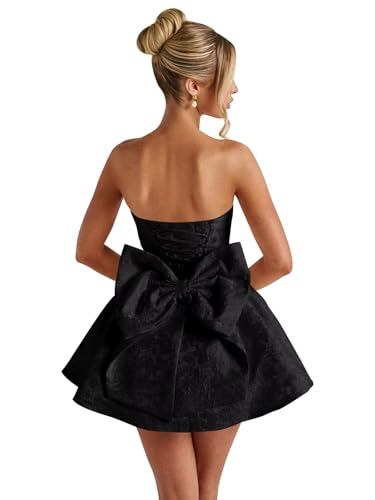 Image of Basgute Floral Jacquard Satin Short Homecoming Dresses for Teens A Line Strapless Formal Prom Evening Gown with Bow