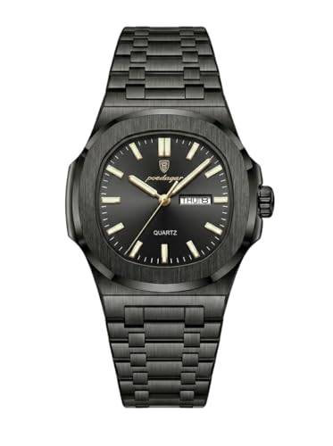 celegance Reloj Cuadrado Hombre 40mm, Acero Inoxidable, Resistente al Agua, Luminoso, con Fecha, De Cuarzo, A la Moda, Lujoso, Incluye Kit de Ajuste de Correa (Negro)