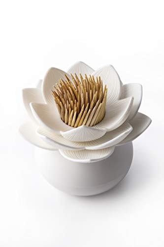 QUALY Porte Cure-Dents Distributeur Lotus. en Blanc. env. 7,5x7,5x6,2 cm