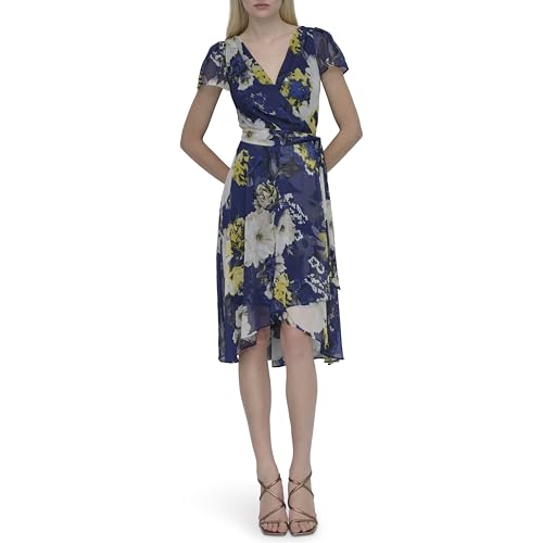 Image of DKNY Women's Flutter Sleeve Surplice Tie Fit & Flare Midi Dress