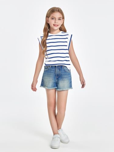Image of Haloumoning Girls Cap Sleeve T Shirts Summer Striped Tank Tops Tees 4-14 Years