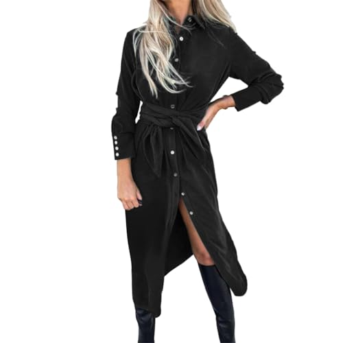 JOASDAO Vestido camisero para mujer, con botones, cintura anudada, casual, cuello de solapa, manga larga, ajustado, largo hasta la rodilla, vestido midi de trabajo, Negro, S