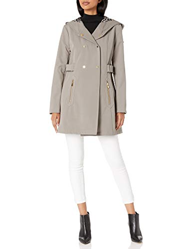 VIA SPIGA Women's Hooded Snap Front Double Breasted Soft Shell Jacket W/Animal Printed Backing, Grey, Large