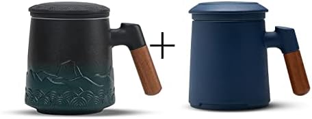 ZENS Tea Cup with Infuser and Lid, 16.8 Ounce Black & Green Gradient Embossed Large Loose Tea Mug and 13.5 Ounce Navy Blue Stoneware Glazed Ceramic Tea Cup