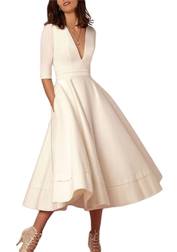 YMING Mujer Vintage Formal Cocktail Midi Vestido Profundo Cuello en V Plisado Una Línea Vestido Blanco 2XL
