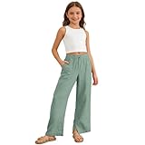 Girls Linen Pants Kids Summer Lightweight School Uniform Pants Baggy Elastic Waist Straight Leg Trousers with Pockets