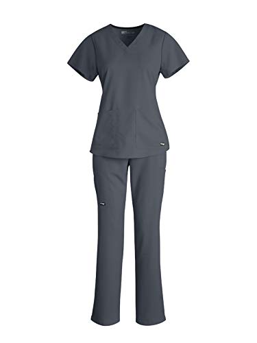 Grey's Anatomy 71166-4277 Women's V-Neck Top - Straight Leg Pant Medical Scrub Set Granite M-M