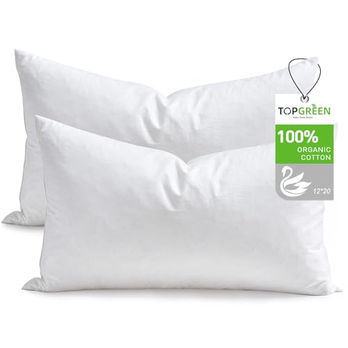Feathers Down Throw Pillow Inserts 12×20, Set of 2, 100% Organic Cotton Shell, Soft Decorative Lumbar Pillow Insert for Living Room Sofa, Couch, or Bed (White)