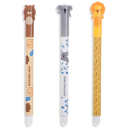 Juego de 3 bolígrafos de gel borrables de tinta negra de dibujos animados con punta de 0,5 mm de diámetro de mina