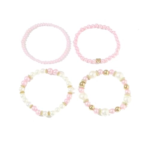 Fuqimanman2020 Chunky Simulated Pearl Stackable Stretch Bracelet Set Beaded Ball Adjustable Multilayered Elastic Bangles for Women Wedding Jewelry, 7 inches, simulated pearl Crystal Metal, simulated