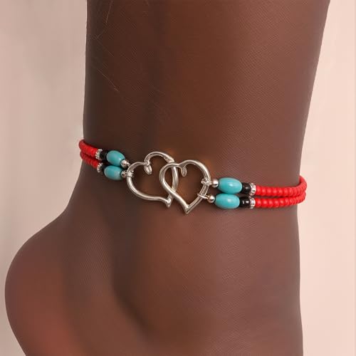 Image of Elastic Beaded Ankle Bracelets for Women Double Heart Layered Stretch Ankle Bracelets Waterproof Dainty Boho Beaded Anklets for Summer Beach Foot Jewelry