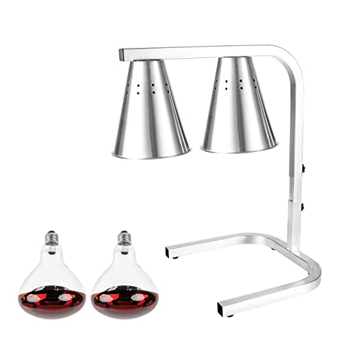 Restlrious Food Heat Lamp Freestanding Commercial Dual Head Food Warmer, Stainless Steel 120V Electric Portable Fan-Shaped Food Heat Lamp with 2 Red Bulbs in 250W for Hotel Buffet Food Service