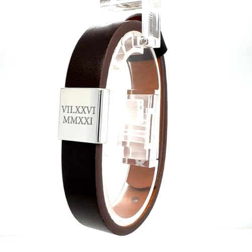 Custom Genuine Leather Bracelet - Roman Numeral Engraving, Adjust...