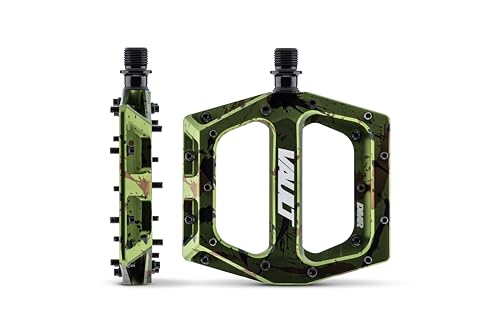 Pédale plate DMR Vault Liquid Camo Green à grande plateforme stable et picots amovibles en acier