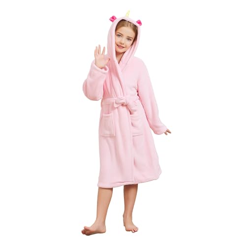 Girls Fleece Robe, Hooded Soft Warm Bathrobe for Kids 2-8 Years