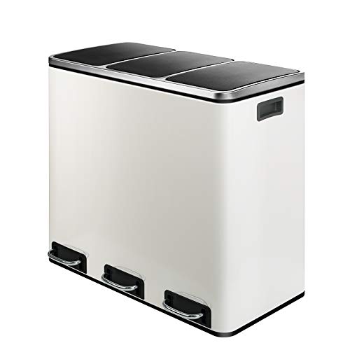 HEMBOR Trash Can, 14.3 Gallon (3X18L) Pedal Step Rubbish Bin, Stainless Steel Compartment Classified Recycle Garbage Dustbin, with Removable Inner Buckets and Handles, Soft Silent Lid Close (White)