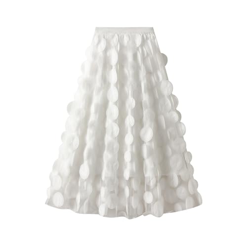 Tüllrock Damen 3D Polka Dot Faltenrock Mesh Flowy Geburtstag Hochzeitsfeier Einfarbig Lang Rock (Weißer One Size)