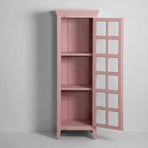 Image of APRODZ Mango Wood Crockery Cabinet with Glass Door | Wooden Kitchen Storage Cabinet for Dining Room Living Room & Bedroom | Tall Storage Cabinet with Shelves | Display Cabinet for Home, Light Pink