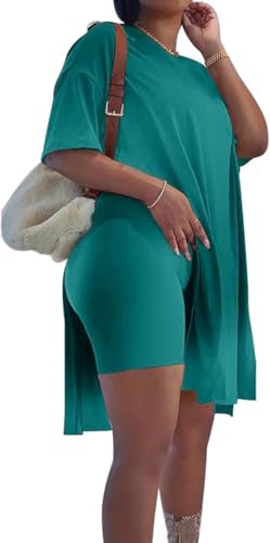 Image of AXOSY Women Plus Size 2 Piece Outfits | Short Sleeve Tunic Tops, Skinny Biker Shorts, Comfortable Tracksuits, Soft Summer Sets, Breathable Material
