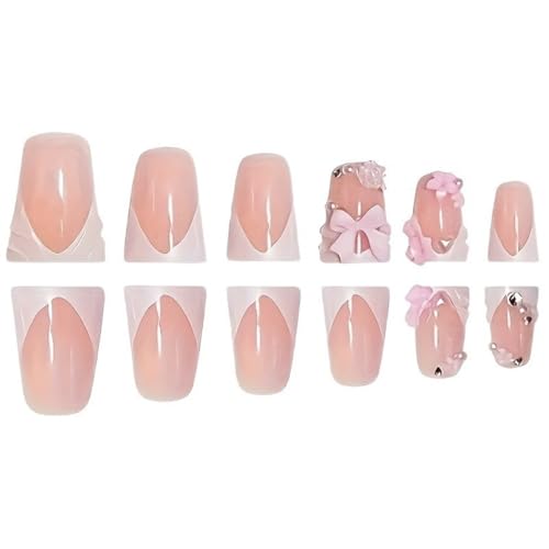 Image of 3D Bow Flower Press on Nails White french tip Fake Nails with Rhinestone Accents Reusable Glossy Full Cover Duck Stick on Nail for Women Luxury Manicure 24Pcs