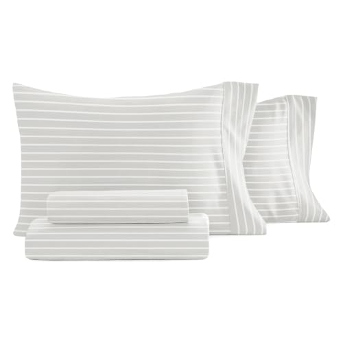 LINENS & HUTCH Sheet Set Patterned Microfiber Ultra Soft Bedding in Distressed Awning Stripe - King Distressed Awning Stripe Light Gray