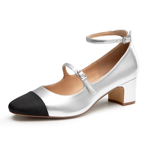 Trary Mary Jane Shoes Women Chunky Block Heels Mary Janes Dress Shoes for Women Close Cap Toe 2.2 Inch Women's Pumps Shoes with Buckle Double Strap Comfy Pumps for Office Party Casual Wedding Silver