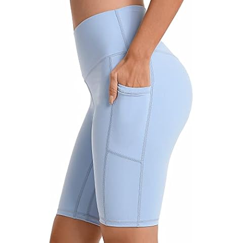 Sunzel 10" Biker Shorts for Women with Pockets, High Waisted Yoga Workout Shorts, 10" Light Blue, Large Cover