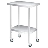 14x24x35 Inch 2-Tier Stainless Steel Patio Side Table with Wheels – Adjustable Storage Shelf, Heavy Duty Outdoor Prep Table, Rust Resistant, Perfect for Kitchen, Garden, Restaurant Use