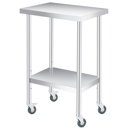 Image of Stainless Steel Table, 24 inch x 14 inch Heavy Duty Worktable with Adjustable Undershelf and Locking Casters, 2 Tier Metal Prep Table for Commercial Kitchen, Restaurant, Garages