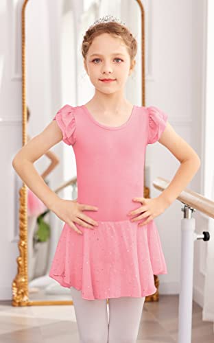 Image of Arshiner Girls Shiny Ruffle Sleeve Ballet Leotard with Skirt Criss-Cross Back Dance Dresses