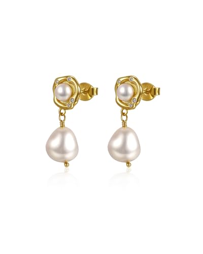 Pearl Earrings for Women 14K Gold Plated CZ Freshwater Pearls Dangling Drop Earrings with 925 Silver Posts Fashion Trendy for Bridal Wedding Prom Birthday Pearl Jewelry Gifts for Her Mom Girlfriend