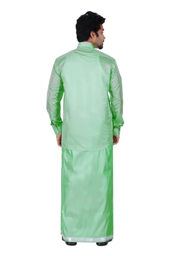 Image of PRAKASAM COTTON-Mens Art Silk Wedding Set /Art Silk 8 Mulam (8-Yard) Dhoti and Stitched Shirt for mens