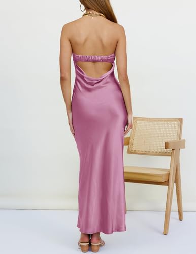 Image of MEROKEETY Women's Summer Satin Strapless Bodycon Dress 2026 Backless Tube Wedding Guest Cocktail Formal Party Maxi Dresses