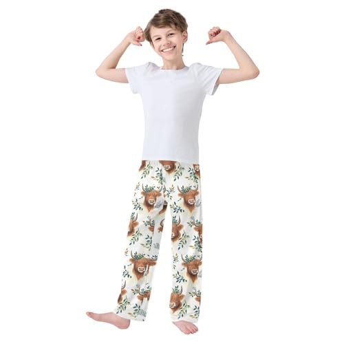 Highland Cow Leaves Pajama Pants Soft Sleep Bottoms Long Pjs S3