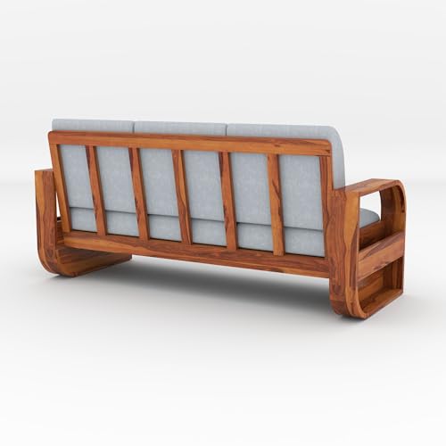 Image of Solid Sheesham Wooden 3 Seater Sofa Set with Grey Cushion for Living Room Furniture - Honey Finish