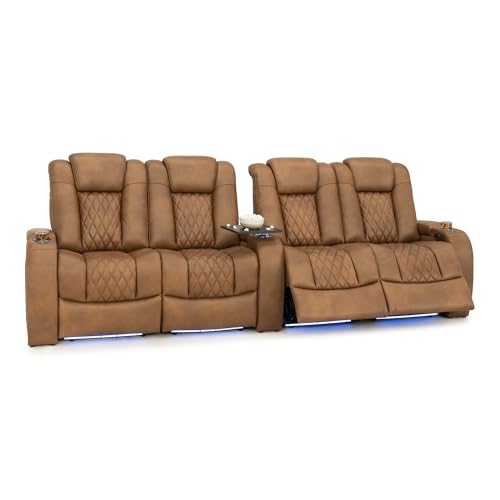 Image of Seatcraft Diamante Tawny Italian Leather Home Theater Seating, Zero Gravity Power Recliner Gaming and Home Office Chair, Powered Headrest Lounge Sofa Furniture for Cinema Room, Row of 4 Dual Loveseats