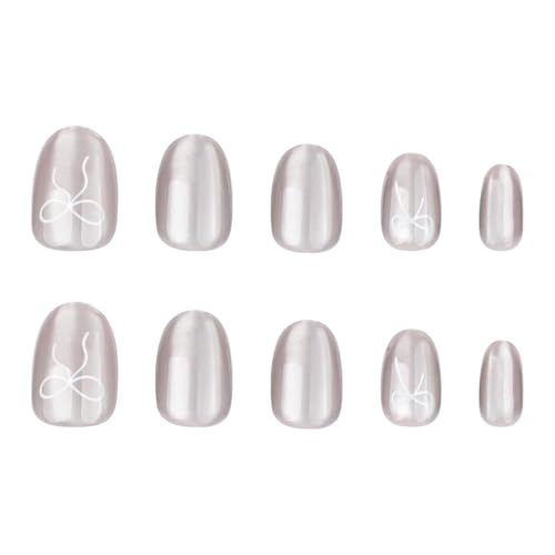 Image of Kriga 24 Reusable Artificial Fake Nail Set| Silver With White Bow Design Glossy Nails| Lightweight & Long Lasting| Quick Fix For Festivals & Special Occasions