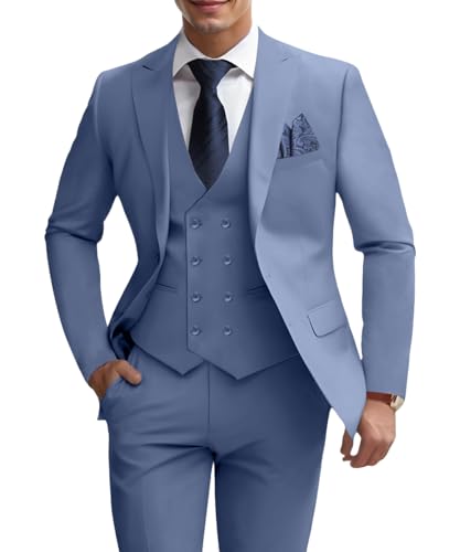Mens 3 Piece Slim Fit Suit Set, Double Breasted Blazer Vest Pants Business Tuxedo Dress