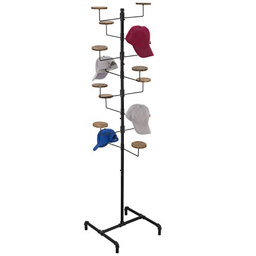 Mygift 16-Hook Industrial Black Metal Pipe Customizable Retail Freestanding Hat / Wig Display Rack With Rustic Wood Holders #TOP26