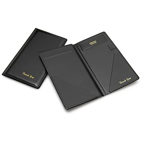 Beatherly Premium Restaurant Check Presenters - 10 Pack - 5.25" x 9" Guest Check Card Holder, Restaurant Supplies for Servers, Waiter, Waitress, Bar, Black with Gold Thank You and Hand Stitched Cover Cover