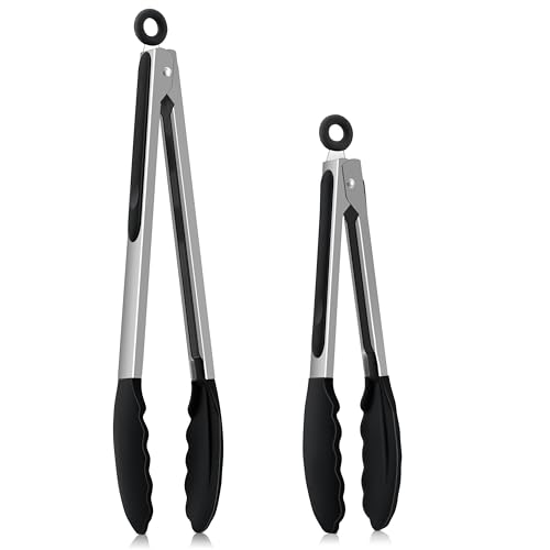 Homikit Küchenzange, Edelstahl Kochzange Grillzange 2er Set mit Hitzebeständige Silikongriff, Schwarz Antihaft Silikonspitze, 30,3cm & 23,7cm Fleischzange mit Verriegelung zum Kochen Grillen Servieren