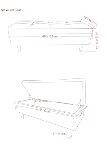 SIMPLIHOME Shay 48 inch Wide Mid Century Modern Rectangular Storage Ottoman in Distressed Chestnut Brown Vegan Faux Leather, Assembled, For the Living Room, Entryway and Family Room