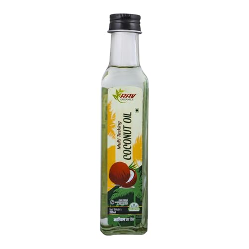 Image of Rav Organics Virgin Coconut Oil 250 ml | 100% Pure Wood Cold-Pressed, Unrefined & Edible | For Cooking, Hair, Skin & Baby Care,Oil Pulling | Nariyal Tel /Gari ka Tel for Hair | Free From Argemone Oil & Trans Fat