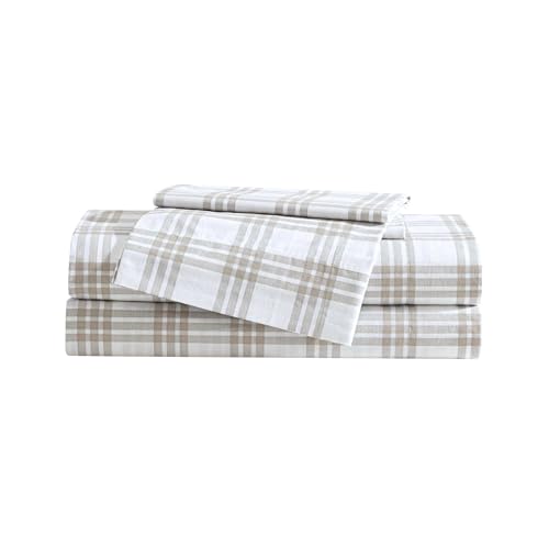 Image of Eddie Bauer - Queen Sheet Set with Fitted Sheet & Pillowcases, 100% Cotton Percale Bedding, Crisp & Cool, Deep Pocket, Basic Plaid Beige
