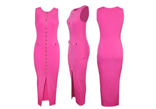 Image of Famnbro Womens Elegant Dress Knit Sleeveless 2025 Summer Button Bodycon Office Work Business Casual Dresses