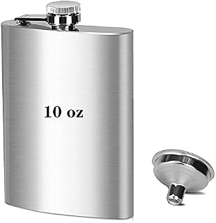 kuou 10oz Hip Flask, Portable Pocket Whiskey, Stainless Steel Flagon with Handy Funnel for Climbing Camping Barbecue Bar Party Drinker, Silver