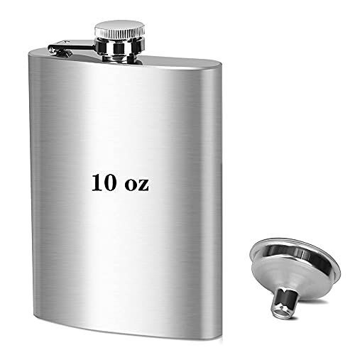 kuou 10oz Hip Flask, Portable Pocket Whiskey, Stainless Steel Flagon with Handy Funnel for Climbing Camping Barbecue Bar Party Drinker, Silver